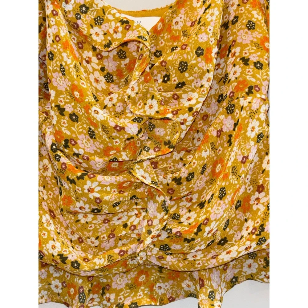 Astr The Label Blouse Top Womens Small Mustard Ditsy Floral Ruched‎ Puff Sleeve